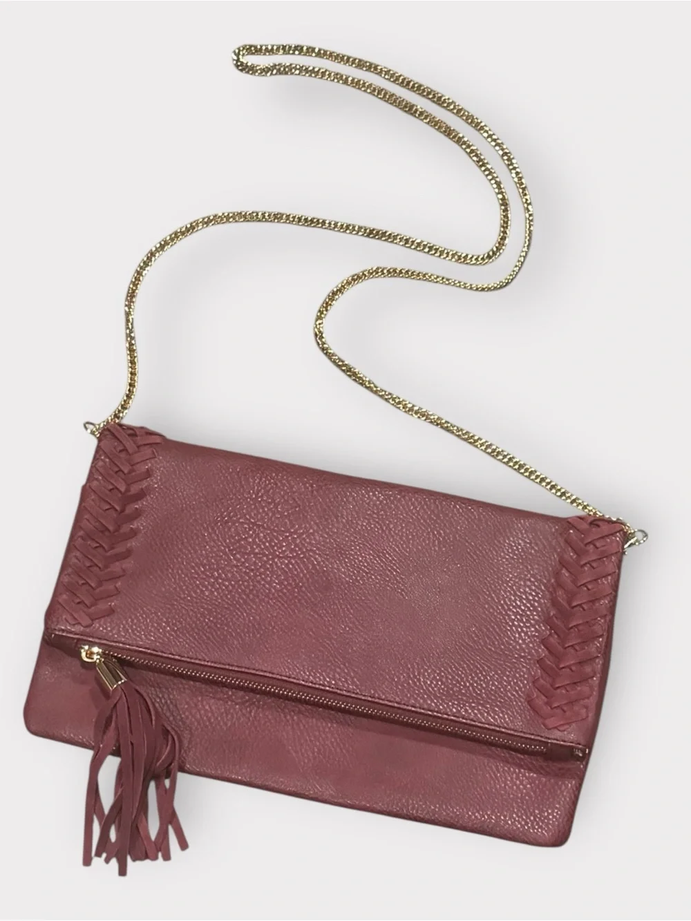 Burgundy Foldover Tassel Crossbody Bag with Chain Strap
